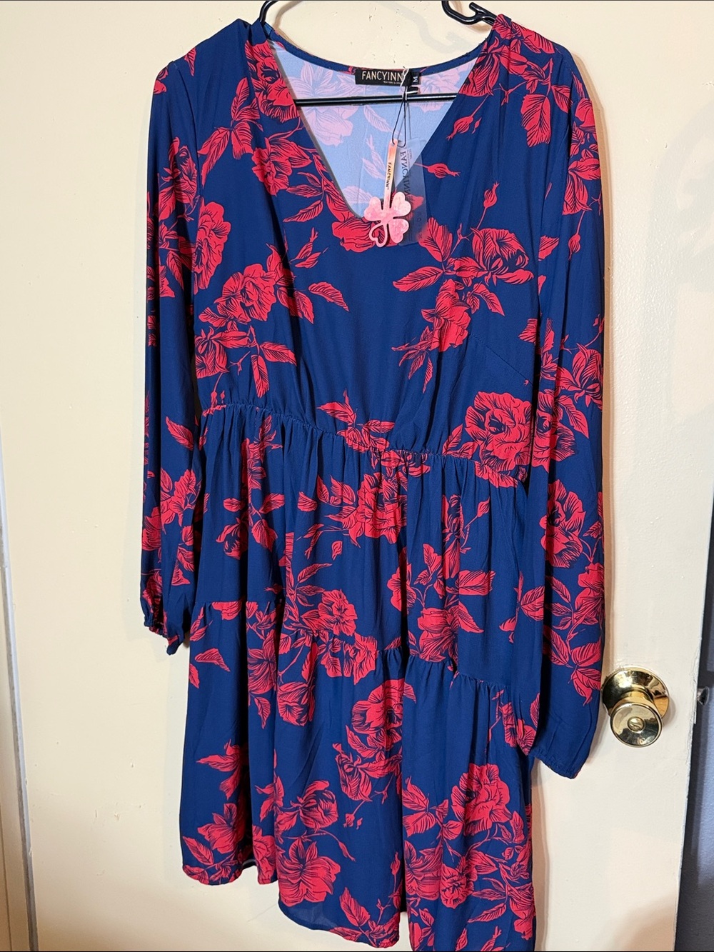 Fancyinn Blue V-Neck Long Sleeve Floral Dress - Blue & Pink